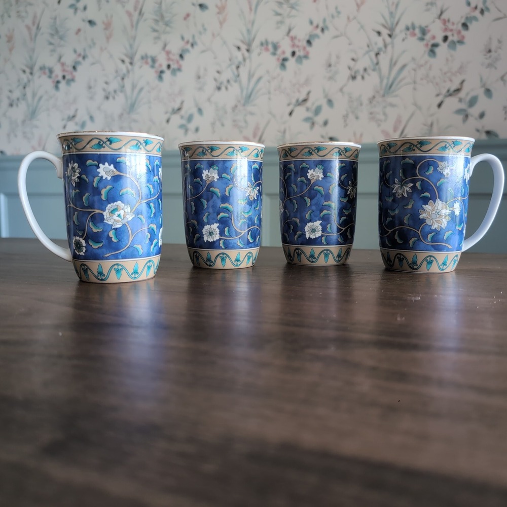 Vintage Takahashi San Francisco Cup 10oz Etude Mugs Blue Gold Rim 1986 Set of 4
